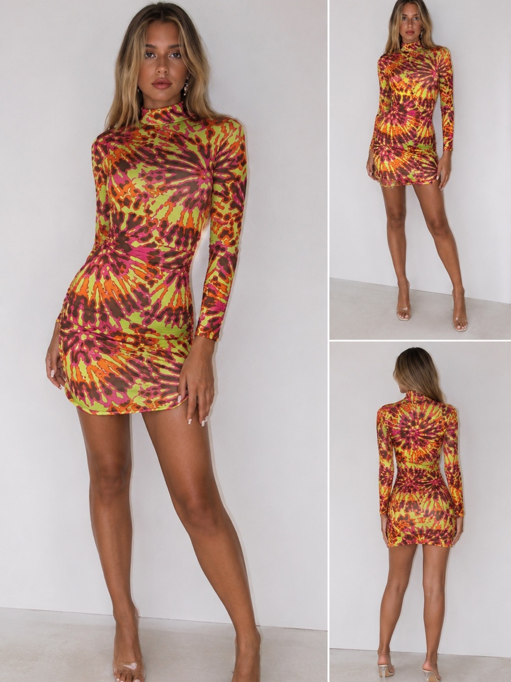 NWT Prettylittlething multi tie-dye print hight neck mini dress